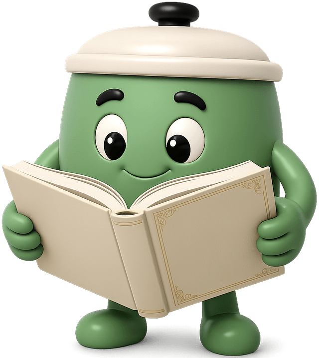 Stew mascot holding a recipe book