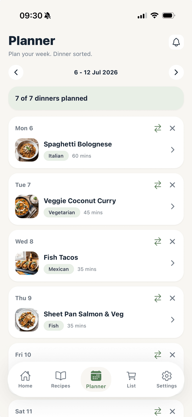 The Stew weekly meal planner showing dinners planned for each day