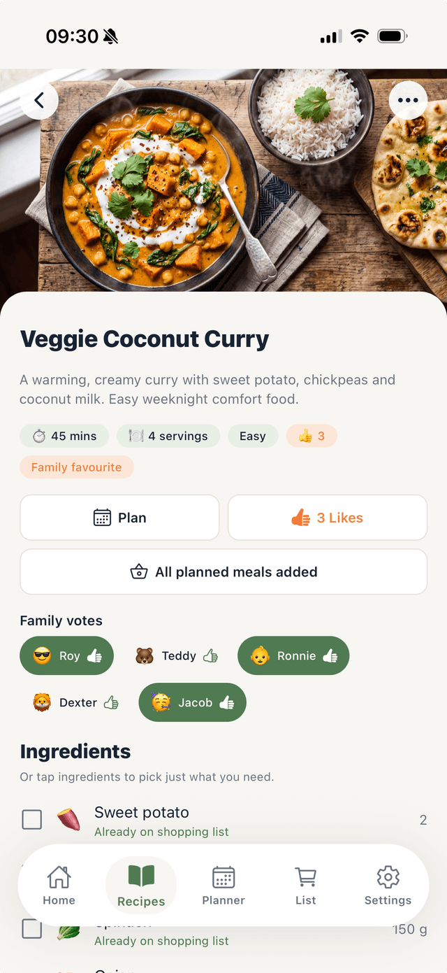 A recipe detail screen showing ingredients and family votes