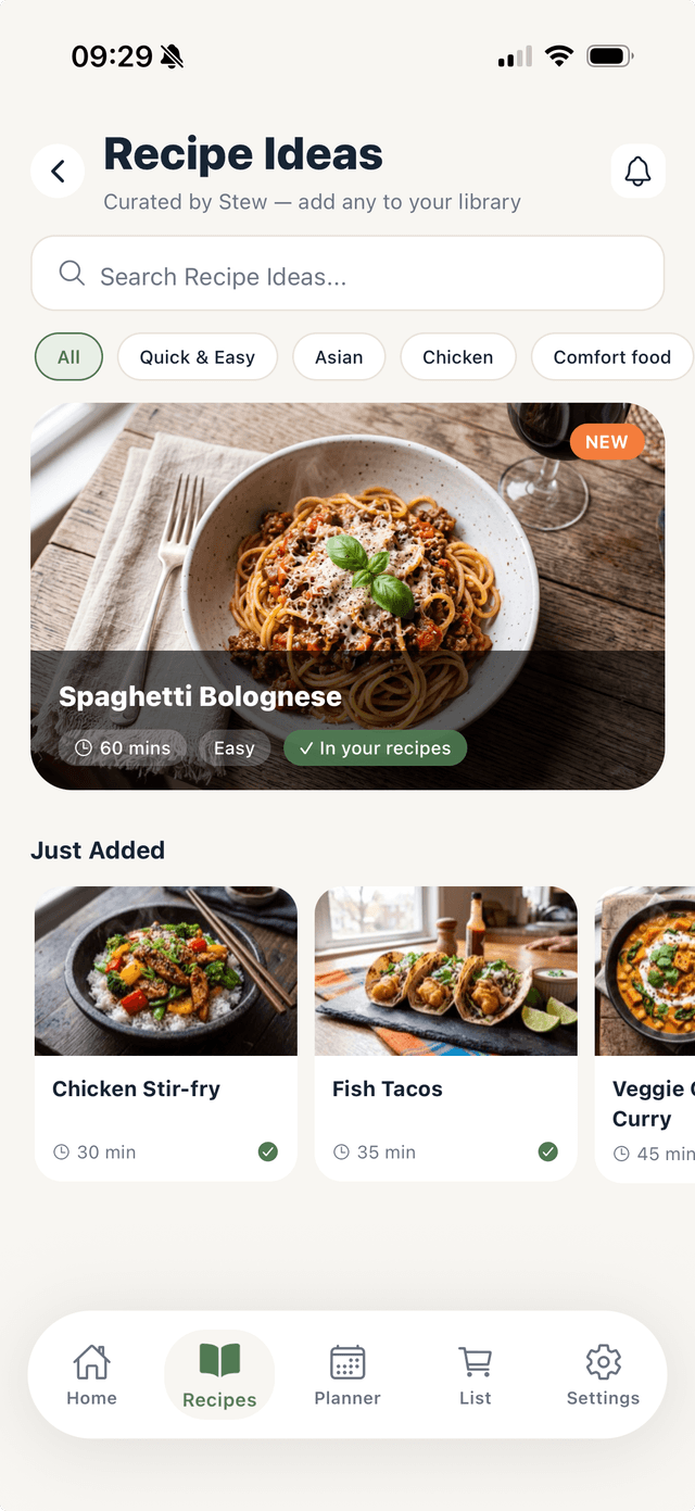 Browsing curated recipe ideas in Stew