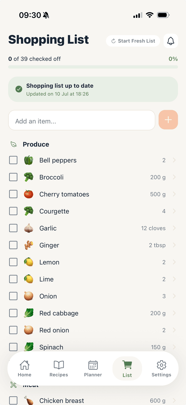 A categorised shopping list synced from the meal plan
